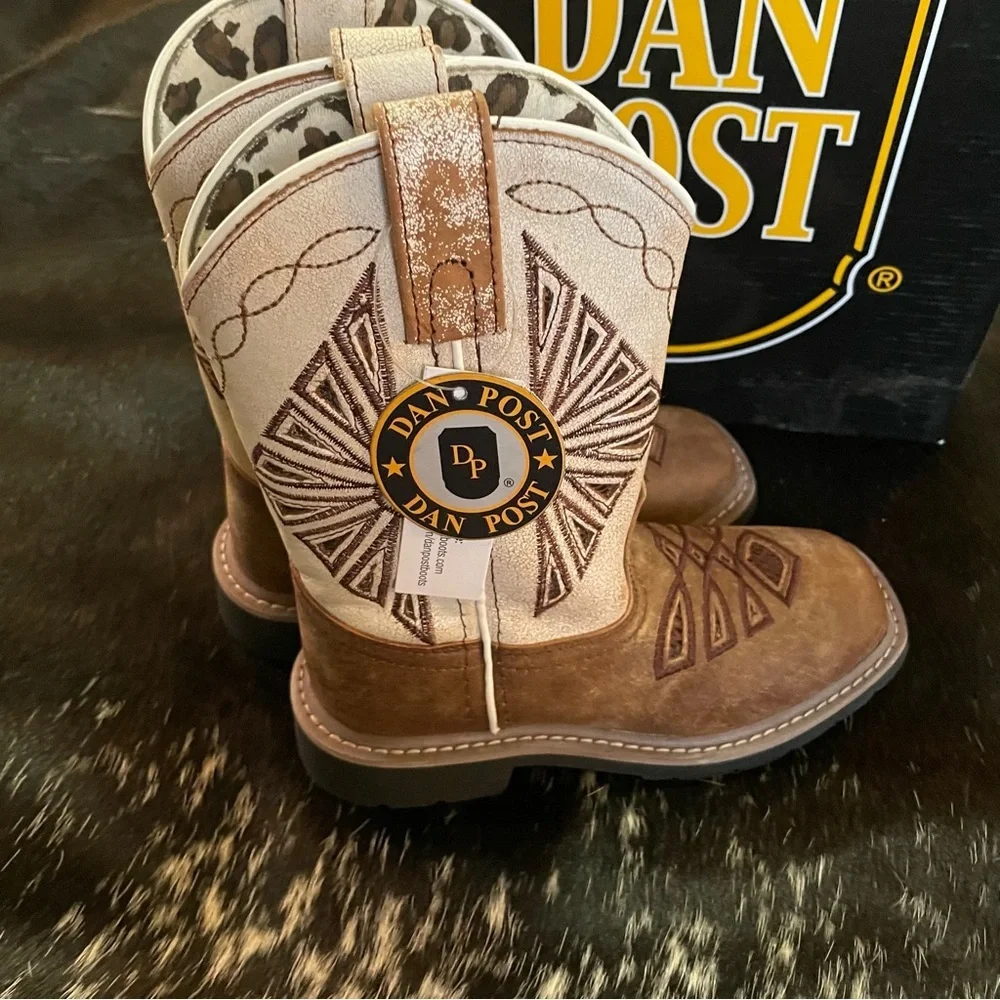 Dan Post Lil' Kite Days Western Cowboy Boots Girls Square‎ Toe Tan White NIB